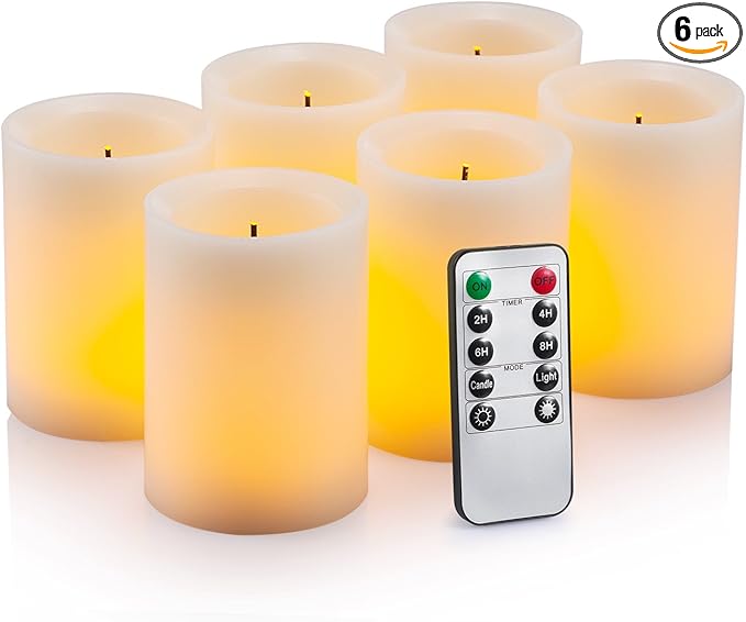 Flameless Flickering LED Candles 3" X 4" with 10-Key Remote Control Timer Classic Pillar Optical Fiber Wick Real Wax Battery Operated Candles, Ivory Color, Set of 6