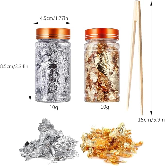 Joyzan Gold Flakes, Gold Foil Leaf Decoration Imitation Metallic Chocolates Baking Sheet Cake Decor Tweezers Resin Cooking Dessert Makeup Nail Art DIY Craft Jewelry Making Painting Slime 20g 2 Bottles