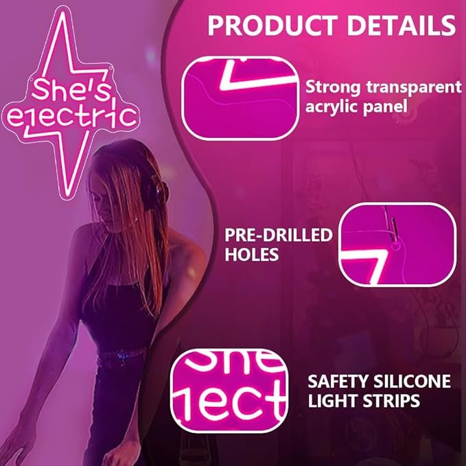Lightning Bolt Light Up Signs for Wall Decor,Pink She's Electric Neon Sign for Birthday Live Music Concert Bedroom Club Party,Music LED Gift for Girls Teens Men Women USB Powered（15"*10.8"）