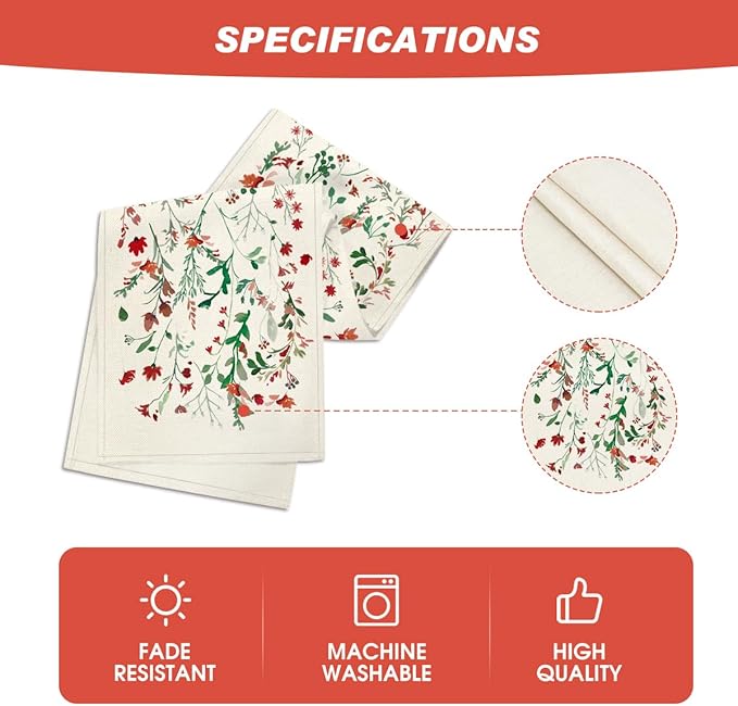 Artoid Mode Floral Leaves Christmas Table Runner, Wild Flowers and Grasses Winter Kitchen Dining Table Decoration for Home Party Decor 13x120 Inch