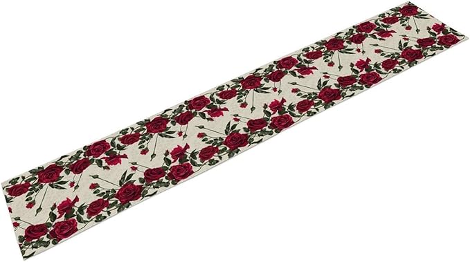 Rose Table Runner, Retro Red Rose Flowers Green Leaves Valentine's Day Kitchen Dinning Table Runner for Indoor Outdoor Home Wedding Party Holiday, 13x90 Inch