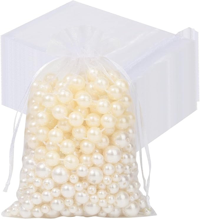 Hopttreely White Sheer Organza Bags, 4x6 inch 50PCS Mesh Bags Drawstring Gift Bags Jewelry Pouches for Candy Wedding Favors, Jewelry, Festival, Makeup