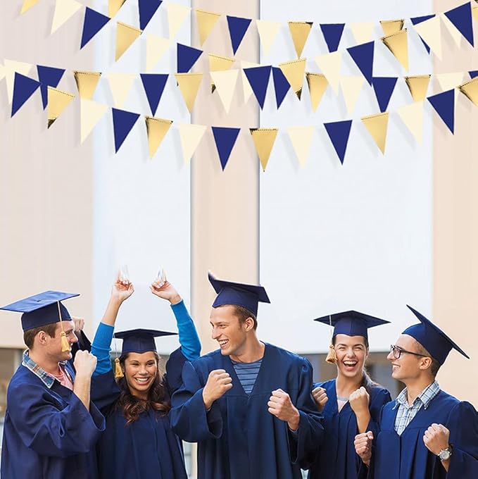30Ft Navy Blue Gold and Beige Party Decorations Royal Blue Gold Triangle Flag Pennant Banner Bunting for Graduation Birthday Wedding Bridal Shower Nautical Ahoy Achor Theme Party Decorations Supplies