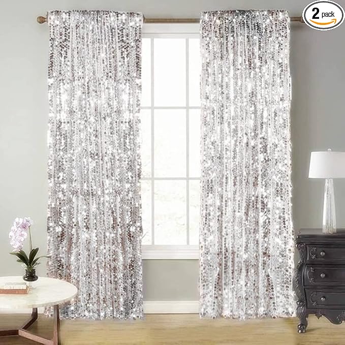 9FTx9FT Silver Big Sequin Backdrop Curtains Panels Drapes Home Party Supplies Sequin Background for Parties Shimmer Wall Backdrop Cloth and Thanksgiving Christmas