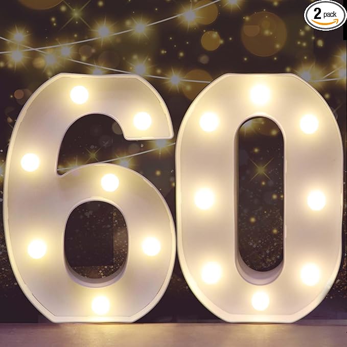 Pooqla Decorative Led Light Up Number Letters, White Plastic Marquee Number Lights Sign for 60th Birthday Party Wedding Decor Battery Operated Number (60)