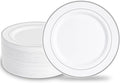 N9R 100PCS Silver Plastic Plates, 10.25 inch White Disposable Dinner Plate with Silver Rim, Heavy Duty Plates for Party, Wedding and Birthday