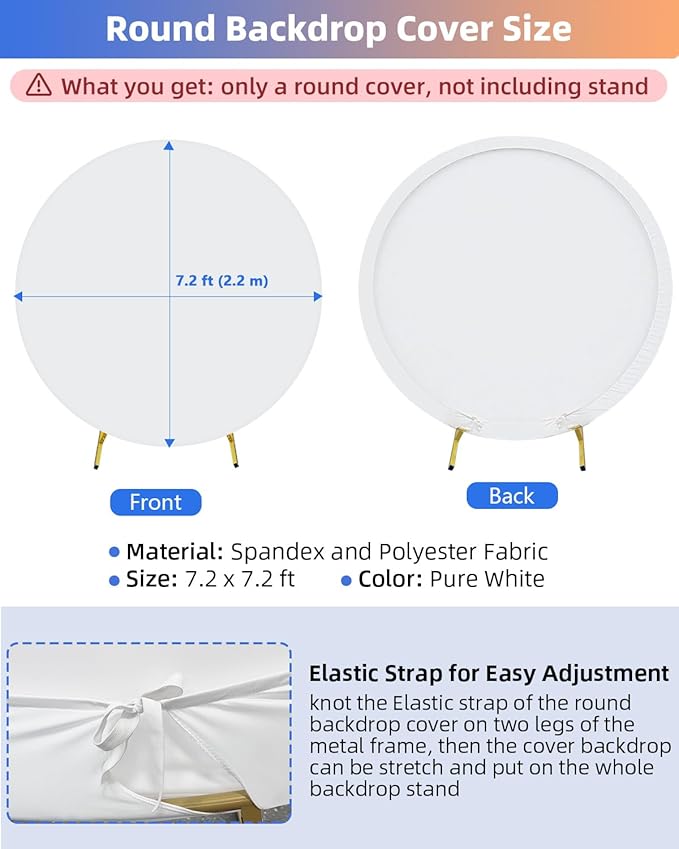 HEMMOTOP 7.2x7.2 ft Round Backdrop Cover White, Circle Arch Stand Cover for Wedding, Balloon Arched Covers Stretchy Backdrops for Party, Baby Shower, Fabric Photo Background 220cm