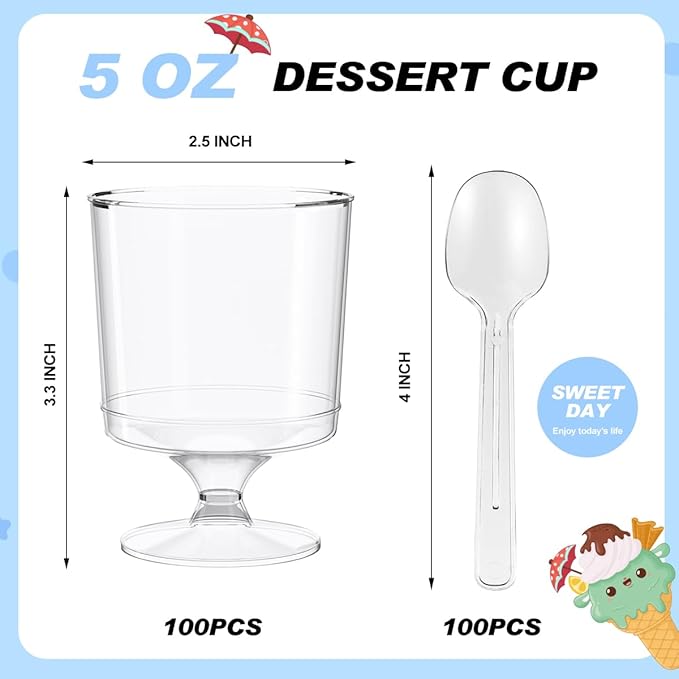 200 Pack Dessert Cups with Spoons,5Oz Clear Plastic Parfait Cup,Disposable Appetizer Cups Mini Shooter Cups for Fruit Ice Cream Mousse Pudding and Party