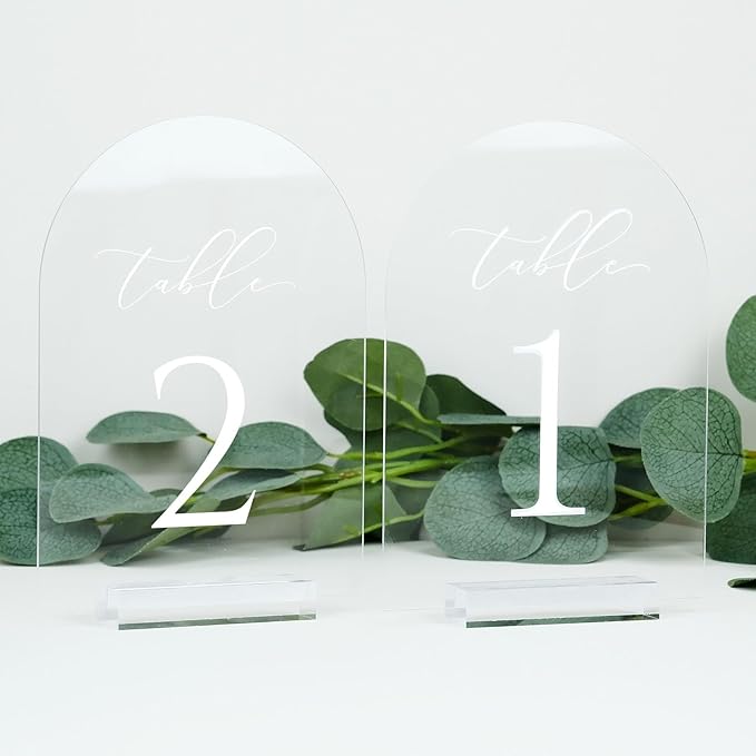 JINMURY Clear Arch Table Numbers for Wedding, 5x7 Inch Arched Acrylic Table Numbers 1-15 with Stands, Clear Acrylic Arch Sign with Holder for Centerpiece, Reception, Wedding, Party, Event
