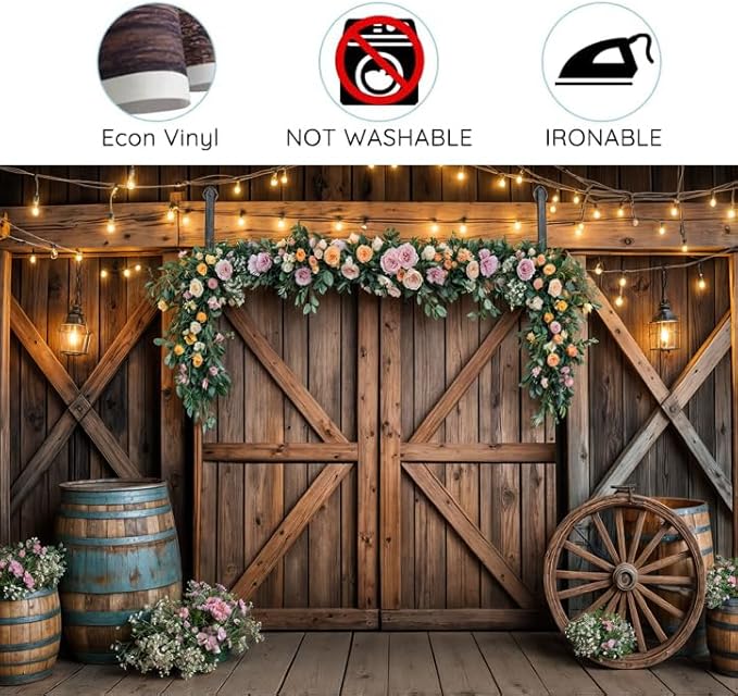 10x8ft Country Wedding Photography Backdrop Rustic Barn Door Photography Backdrop Farmhouse Pink Flower Cabin Wooden Birthday Baby Shower Wedding Bridal Party Banner Photo Booth Props Background