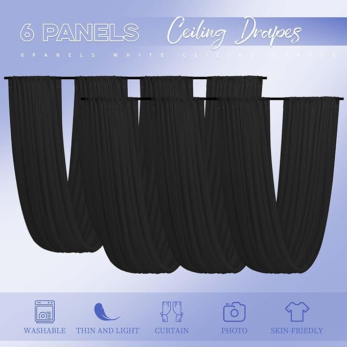 6 Panels Black Ceiling Drapes for Wedding 5ftx30ft Ceiling Drapes Wedding Arch Draping Fabric Cheesecloth Sheer Curtain Romantic Ceiling Decorations for Weddings Party Banquet Ceremony Stage