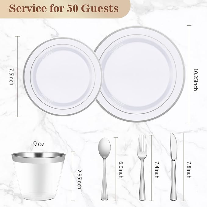 BESTVIP 300PCS Plastic Dinnerware Set (50 Guests), Silver Disposable Plates for Party, Wedding, Christmas, Anniversary, Includes: Dinner Plates, Dessert Plates, Cups, Spoons, Forks and Knives