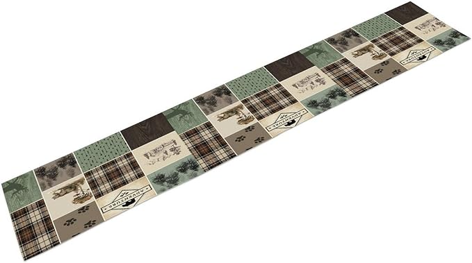 Bear Deer Table Runner,Rustic Lodge Retro Country Farmhouse Buffalo Plaid Print Tablecloth Burlap for Hotel Indoors Outdoor Dining Room Kitchen Home Decor,W13X L90 in