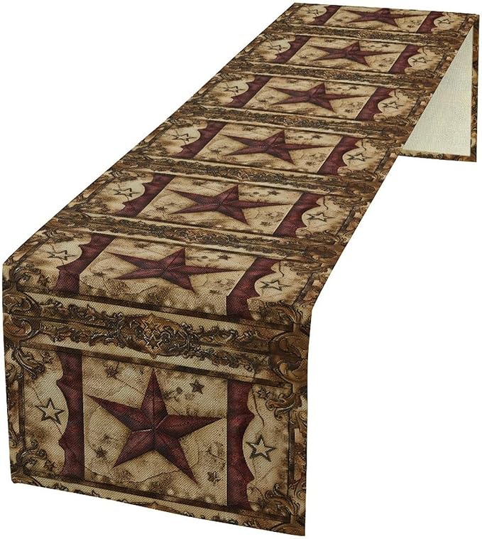 Wild West Table Runner, Rustic Farmhouse Texas Star Vintage Rodeo Cowboy Old Sign Wild West Print Pattern for Home Kitchen Table Decor Dining Coffee Room Garden Party Decor 13x60in