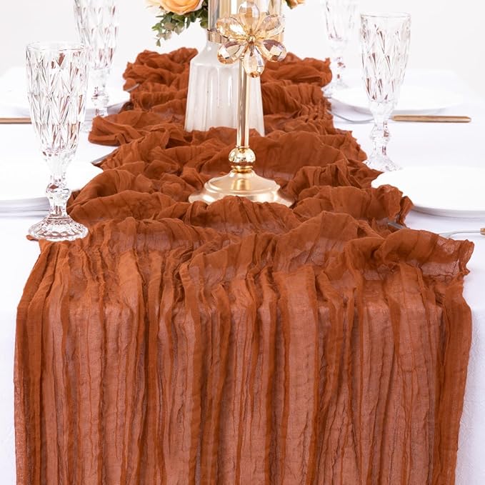 MLMW 10 Pack Fall Thanksgiving Table Runner Cheesecloth Autumn Harvest Rust Terracotta Cheese Cloth Boho Gauze 160 inch Table Runner 13.3ft for Wedding Party Baby Bridal Shower Birthday