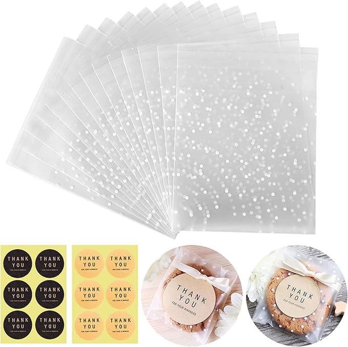 Self Adhesive Cookie Cellophane Treat Bags with Seal 4x4 Inches, 4 Mils Self Sealing Resealable Plastic Packaging Bags with Thank You Labels for Gift Giving Party Favor Bakery Candy Chocolate 100 Pcs