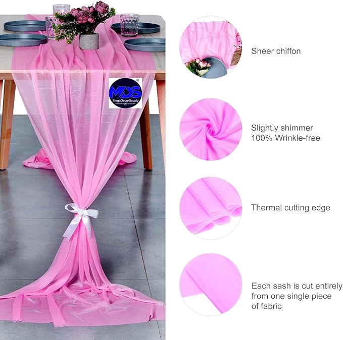 MDS 10 Pack 10ft Chiffon Table Runner 29 x 120 Inches Sheer Wedding Runner Romantic Rustic Table Runner for Wedding Decorations, Birthday Parties, Bridal Shower Party Arch Decor - Bubblegum Pink