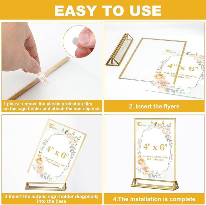 EHWINE 6 Pack Acrylic Sign Holder 4 x 6, Double Sided Gold Picture Frame Stand up Table Top Sign Holders, Clear Display Stand Menu Flyer Holder for Wedding Party