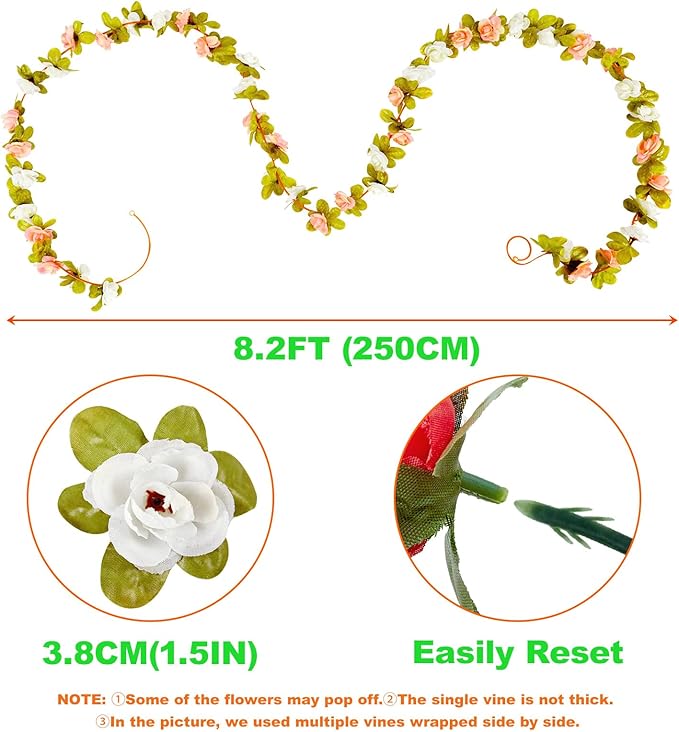 6 Pcs x 8.2 ft Flower Garland Artificial Rose Vine Flowers with Green Leaves Hanging Fake Roses Vine for Room Party Home Wedding Birthday Christmas Wall Arch Decor, Spring Magenta Flower