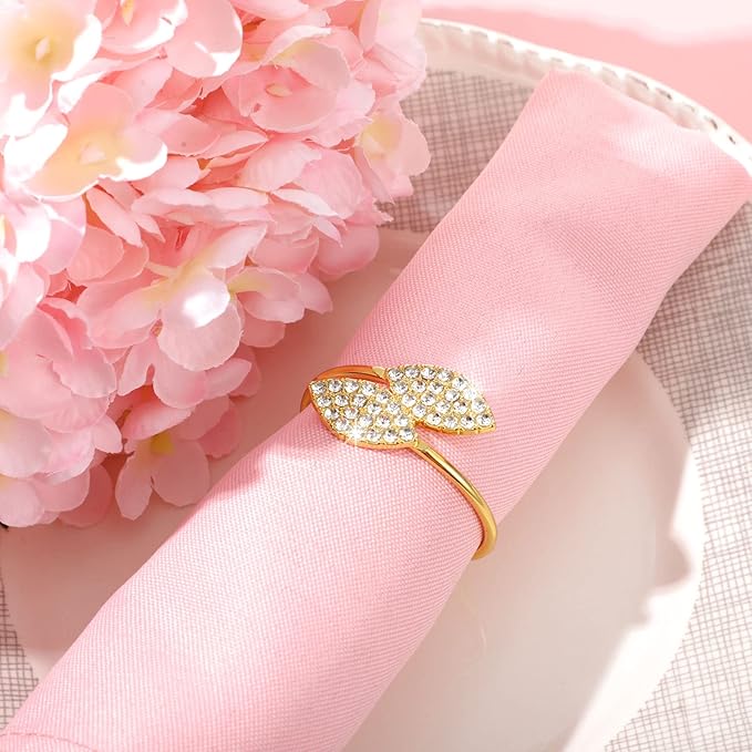 Hotop 48 Pcs Napkin Rings Gold Table Decorations, Elegant Bling Leaves Napkin Rings, Rhinestone Guest Towels Buckle for Wedding Gold Party, Thanksgiving Christmas Dinner Banquet Table Decoration