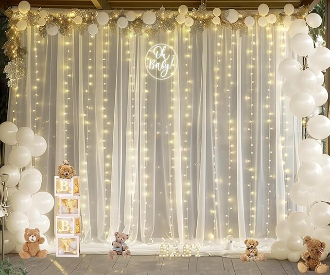 20ft x 10ft Ivory Tulle Photo Backdrop Curtain with Lights String for Parties Wedding Sheer Ivory Curtain Backdrop for Birthday Party Bridal Shower Photo Booth Photography Background Decorations