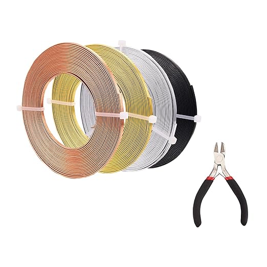 Fashewelry 65Ft 4 Colors Aluminum Flat Wire 3mm Wide Bendable Metal Craft Wire Strip 18 Gauge with Side Cutting Plier for Bezel Sculpting Armature Jewelry Making Gem Metal Wrap