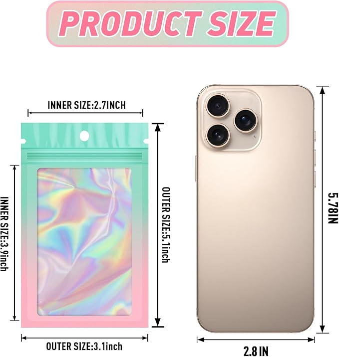 Funfery 100 Pack Gradient Holographic Bags,Mylar Resealable Bag with Zipper,Clear Window Packaging Pouch,Smell Proof Bags for Food Storage,Sample Jewelry Baggies(3.1x5.1In,Green Pink)