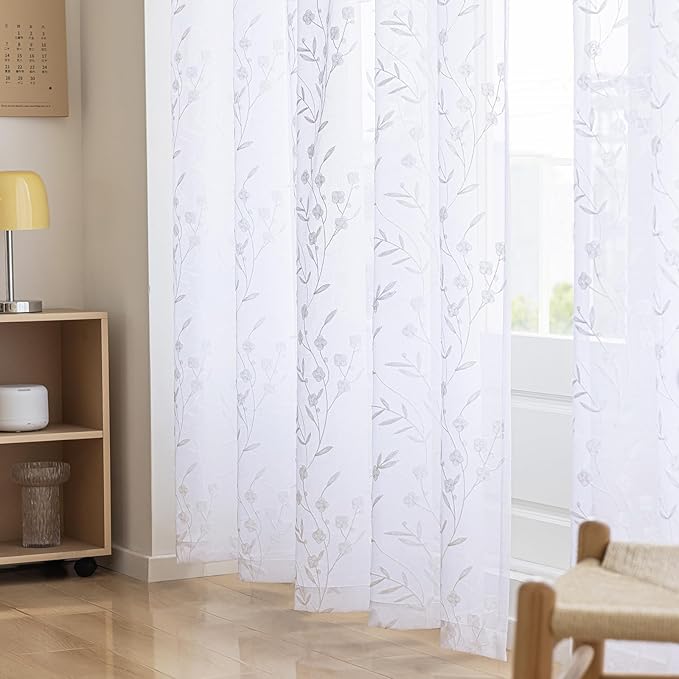 Sheer Curtains White 45 Inches Long Floral Embroidery Rod Pocket Voile Drapes for Living room, Bedroom, Window Treatments Semi Lace Outdoor Curtain Panels for Yard, Kitchen, Villa, Set of 2, 52"x 45".