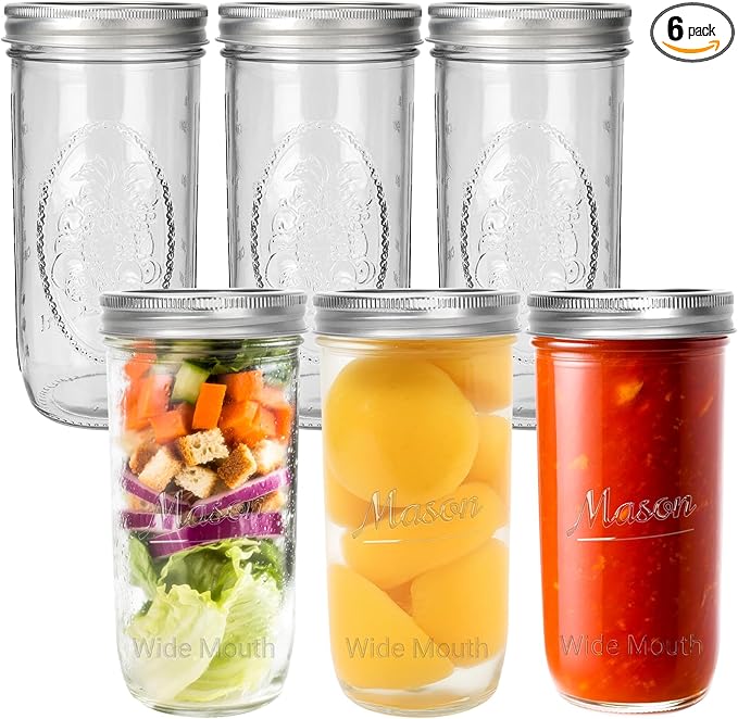 CycleMore 6 Pack Wide Mouth Mason Jars with Airtight Lids and Bands, 24 Oz Canning Glass Jars, Glass Canister for Canning, Fermenting, Pickling, Meal Prep, Overnight Oats, Jam, Jelly