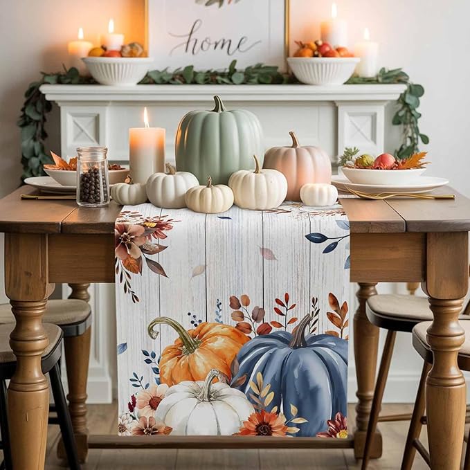Thanksgiving Fall Cotton Linen Table Runner for Dining Kitchen, Pumpkins Eucalyptus Wedding Outdoor Party Tablerunners Decoration, Farmhouse Wooden Dresser Scarf Coffee Tablecloth Runners 13x36 Inches