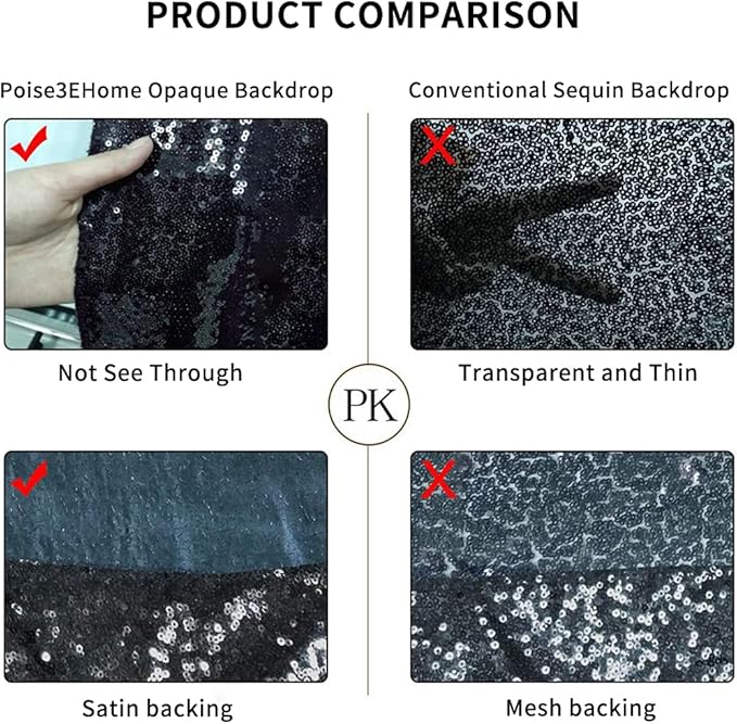 Poise3EHome 8Ft x 8Ft Black Sequin Backdrop, Glitter Thick Satin Background Drapes, Sparkly Opaque Photography Curtain, Sequence Xmas Thanksgiving Backdrop for Wedding Party Holiday Festival Decor