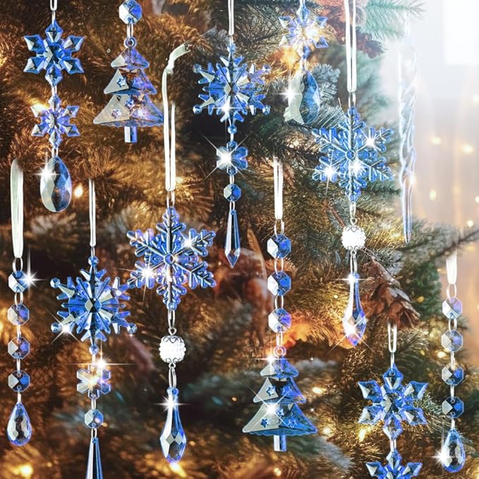 Lanpn 26 Pcs Christmas Ornaments Crystal Christmas Tree Decoration, Hanging Clear Acrylic Snowflake Icicle Drop Pendants for Xmas Winter Outdoor Indoor Party Decoration Blue