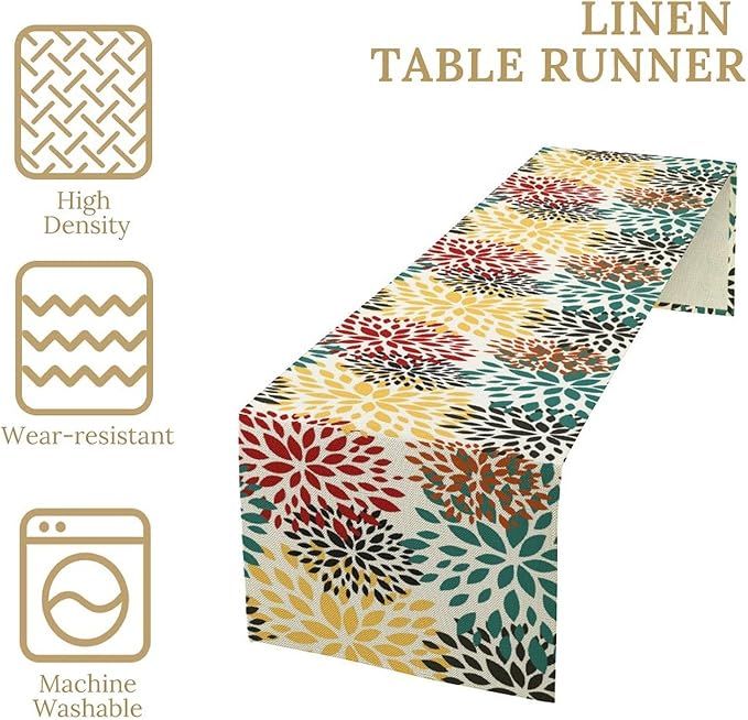 Green Red Dahlia Flower Table Runner Chrysanthemum Geometric Kitchen Dining Bedroom Living Room Table Decor for Indoor Outdoor Home Party, 13x70 Inch