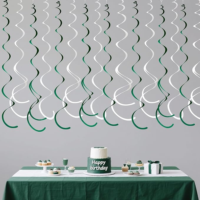 36 Pcs Green White Hanging Swirl Decorations Felt Swirl Streamer Spiral Ceiling Garland for Birthday Graduation Wedding Retirement Baby Shower Spring Summer Christmas Masters Golf Party Decor Supplies