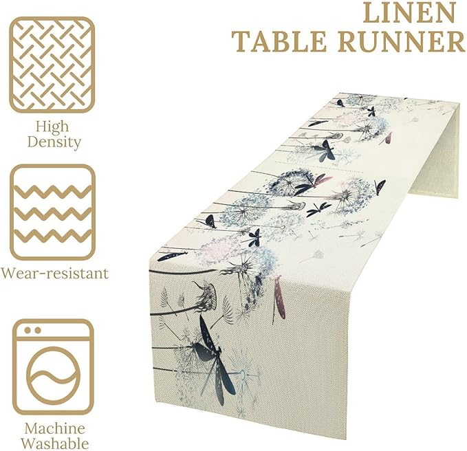 Dandelion Table Runner,Nature Rustic Dragonfly Teal Blue Floral Pattern Print Burlap Tablecloth for Hotel Indoors Outdoor Dining Room Kitchen Table Decor, 13x90in