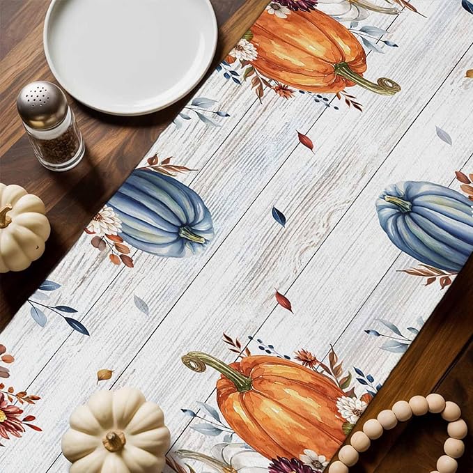 Thanksgiving Fall Cotton Linen Table Runner for Dining Kitchen, Pumpkins Eucalyptus Wedding Outdoor Party Tablerunners Decoration, Farmhouse Wooden Dresser Scarf Coffee Tablecloth Runners 13x48 Inches