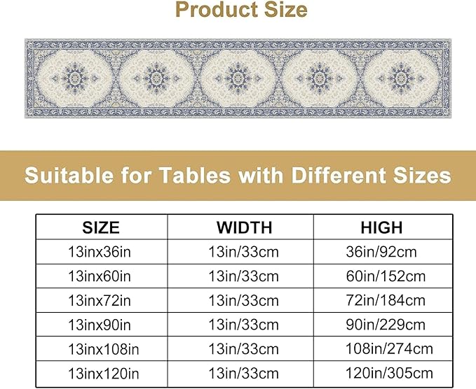Boho Bohemia Style Table Runner, Vintage Blue Gold Retro Flower Rustic Country Style Floral Print Pattern for Home Kitchen Table Decor Dining Coffee Room Garden Party Decor 13x72in