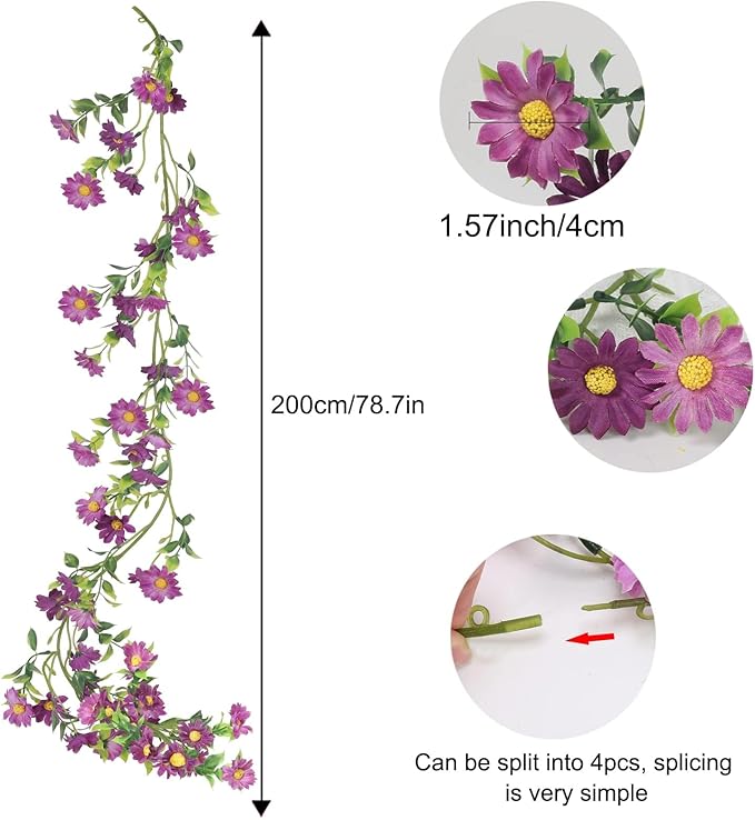 Purple Flower Garland Fake Vines Silk Artificial Daisy Purple Birthday Party Decorations Wisteria Flower Garland for Backdrop Bedroom Arch Wall Home Party Wedding Indoor Outdoor Cemetery Decor