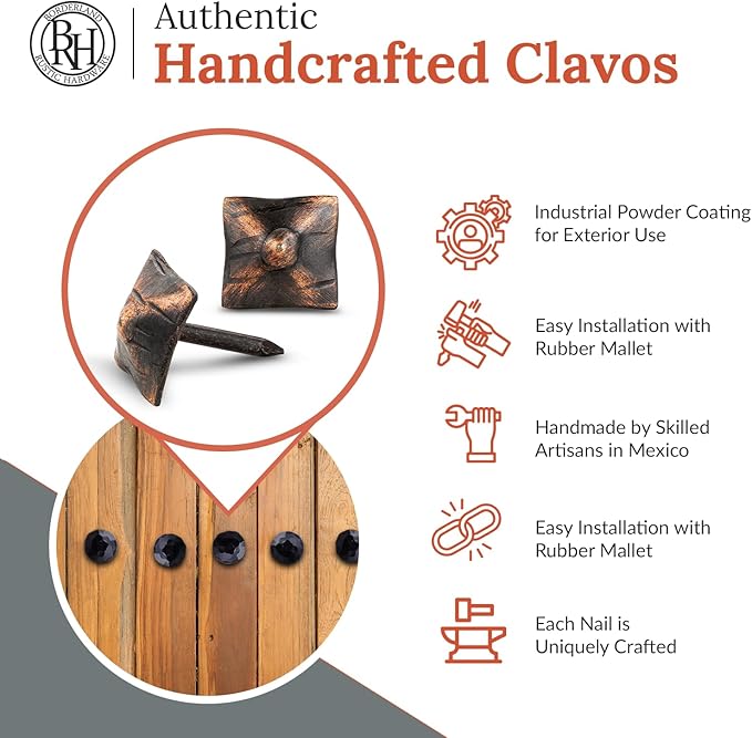 50 Pack 0.75" Square Head Iron Clavos Decorative Nails – Oil Rubbed Bronze – Handmade Rustic Square Fasteners for Farmhouse Shutters, Barn Doors, Shutters, Gates – Ornamental Wood Accent