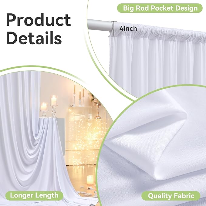 50ftx14FT Wrinkle Free White Backdrop Curtain, 10 Panels 14FT Height White Wedding Backdrop Drapes, Silky Polyester Back Drop Cloth for Birthday Photography Background Party Backdrop Draping