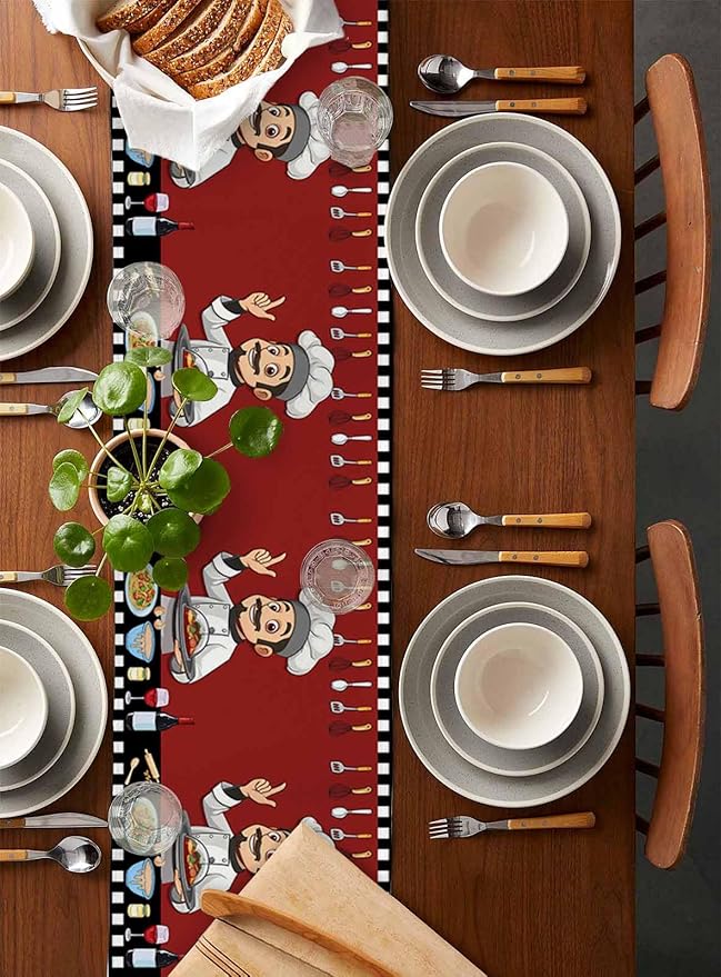 Red Chef Gourmet Cotton Linen Table Runner for Dining Kitchen, Wedding Outdoor Party Tablerunners Decoration, Black White Check Plaid Funny Kitchen Dresser Scarf Coffee Tablecloth Runners 13x60 Inches