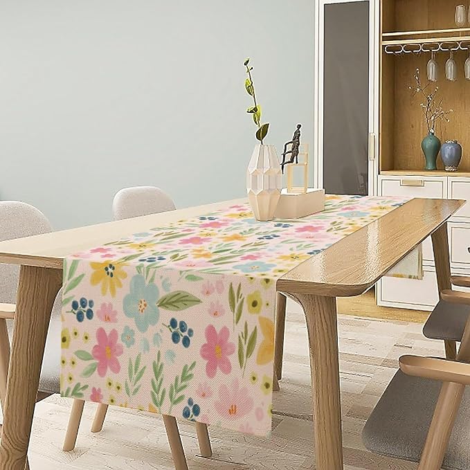 Floral Table Runner, Boho Style Watercolor Flower Green Leaf Plant Rectangle Table Decoration for Dining, Party, Holiday,13in（33cm） W * 120in（305cm） L