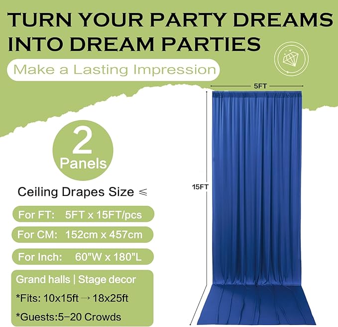 PartyVillage 10ft×15ft Royal Blue Backdrop Curtain for Wedding Parties, 2 Panels Wrinkle Free 15 FT Long Polyester Photo Backdrop Drapes Back Drop Cloth for Birthday Photography Background