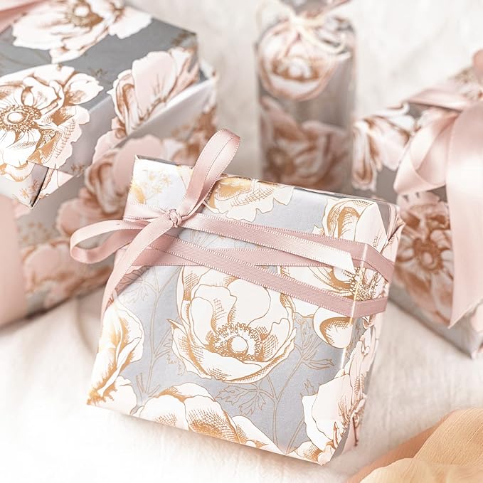 WRAPAHOLIC 30 Inch Jumbo Reversible Floral Wrapping Paper - 30 Inch X 33 Feet - Siver Floral Design for Wedding, Birthday, Mothers Day, Baby Shower, Anniversary, Bridal Shower