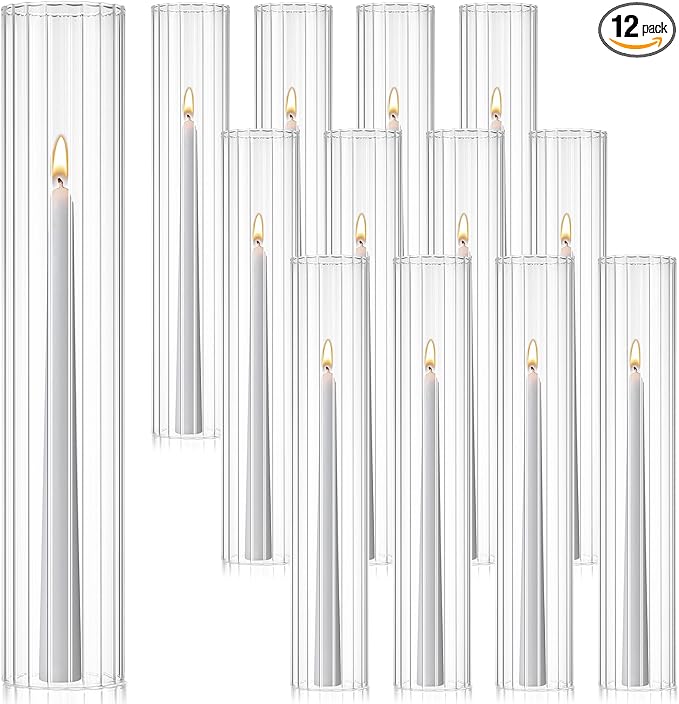 12 Pcs Hurricane Glass Candle Holders 2.5 x 14 Open Ended Tube Ribbed Shade Bottomless Chimney Cylinder Taper Candle Cover for Wedding Anniversary Table Centerpiece