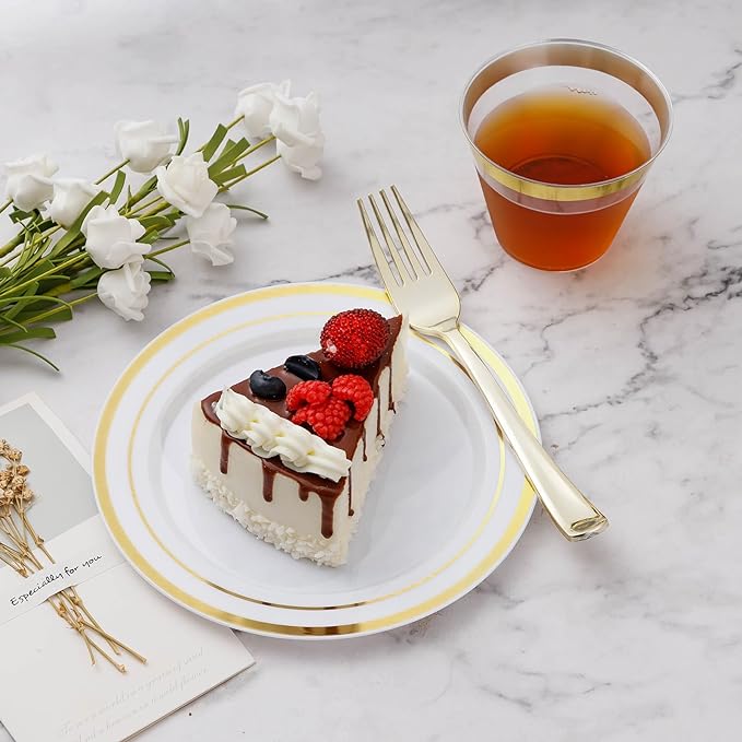 BESTVIP 300PCS Plastic Dinnerware Set (50 Guests), Gold Disposable Plates for Party, Wedding, Christmas, Anniversary, Includes: Dinner Plates, Dessert Plates, Cups, Spoons, Forks and Knives