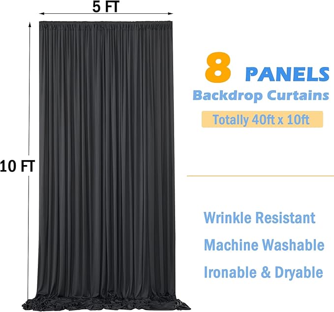 40ftx10ft Wrinkle Free Black Backdrop Curtain for Parties 8 Panels 5x10ft Silky Polyester Photo Backdrop Drapes Back Drop Cloth for Wedding Birthday Background Photography Photoshoot Decor
