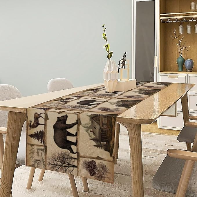 Rustic Cabin Table Runner, Retro Moose Cone Deer Bear Farmhouse Lodge Table Runner for Dinner Living Room Kitchen Vintage Country Cottage 13x90 Inch