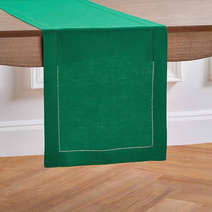 Solino Home Linen Emerald Green Hemstitch Table Runner 48 Inches - 100% Pure Linen Small Table Runner 14 x 48 Inch Ideal for Dresser and Coffee Tables - Classic Hemstitch - Christmas