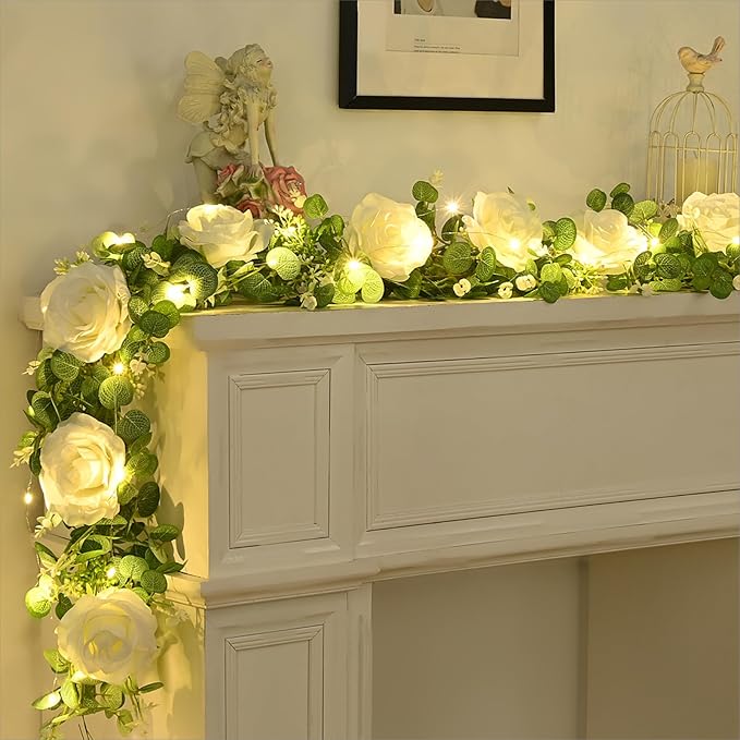 Dolicer 2Pcs 13Ft Artificial Eucalyptus Garlands with Flowers - 8 Roses, Faux Floral Greenery Garlands with 13Ft String Lights Fake Flower Vines for Wedding Table Centerpieces Arch Party Decor (White)
